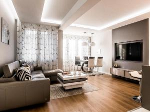 a living room with a couch and a tv at Tatry Top Apartamenty Granitica centrum in Zakopane