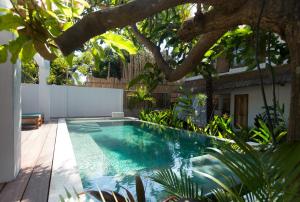 
a large pool with a tree in the middle of it at Mandana Spanish Villa and Tapas Café Gili Air in Gili Islands
