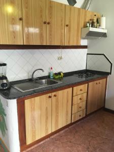 uma cozinha com um lavatório e armários de madeira em Goyo Gomera Apartments em Valle Gran Rey