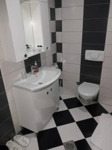 a white toilet sitting next to a white sink at Hotel Albatros in Prizren