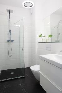 La salle de bains est pourvue d'une douche, de toilettes et d'un lavabo. dans l'établissement Mint Apartment, à Poznań