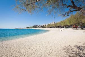 a sandy beach with trees and the ocean at Apartments Blue Maris Žnjan in Split