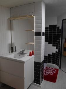 een badkamer met een wastafel en een douche bij Au Nid du Thil in Beauvais