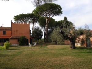 une cour avec deux chaises, une maison et des arbres dans l'établissement Agriturismo La Torretta, à Castagneto Carducci
