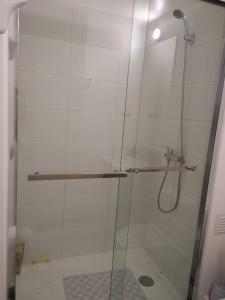 baño con ducha y puerta de cristal en Apartamento la serena a pasos del mar, en La Serena