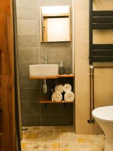 a bathroom with a sink and towels on a shelf at Zada Studio in Braşov