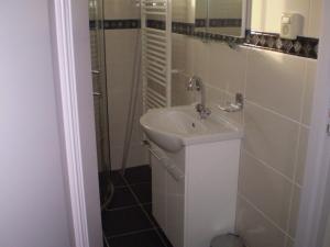 W łazience znajduje się umywalka i prysznic. w obiekcie B&B Dirosa w mieście Onderdijk
