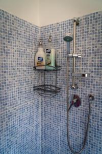 a blue tiled bathroom with a shower with a shower head at Antonella's House in Vasto