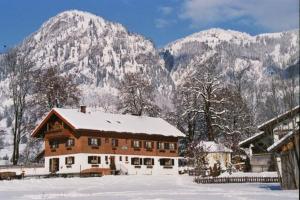 a house in the snow with mountains in the background at Gästehaus Hedwig in Bad Hindelang