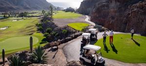 deux voiturettes de golf garées sur un terrain de golf dans l'établissement THE 69, à Puerto Rico
