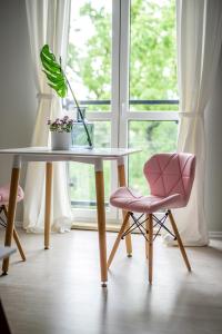 een tafel en twee stoelen met een plant en een raam bij CANDY ROOM in Olsztyn