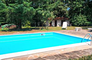 een blauw zwembad in een tuin met een stoel bij Villa Cristina in Molezzano