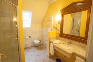 a bathroom with a sink and a toilet and a mirror at Stadthotel Herzog Ludwig in Landshut