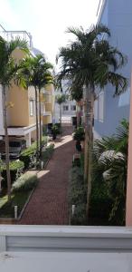 a street with palm trees and a brick sidewalk at LINDO APARTAMENTO NOS INGLESES in Florianópolis