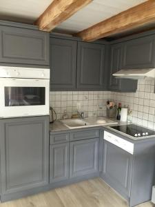 a kitchen with gray cabinets and white appliances at L'appartement des ours in Les Houches