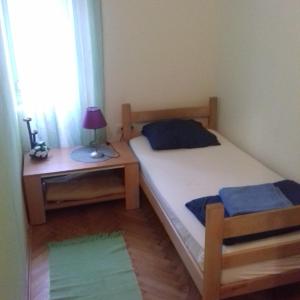 um quarto com uma cama, uma escrivaninha e uma janela em Habitat Hostel em Belgrado mais 13 fotografias