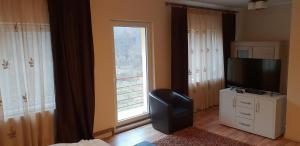 un salon avec une télévision et une fenêtre dans l'établissement Casa Alina, à Arpaşu de Sus