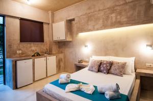 1 dormitorio con 1 cama y cocina en Zante Nest Studios & Apartments en Alikanas