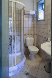 een badkamer met een douche, een toilet en een wastafel bij Thoukididis in Kapesovo