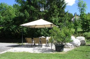 フェルデン・アム・ヴェルターゼーにあるHaus Elisabeth - Wasnighofの庭の傘下のテーブルと椅子