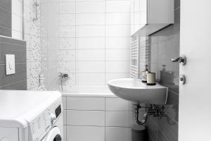 uma casa de banho com um lavatório e uma máquina de lavar roupa em Sauna - Flexible SelfCheckIns 6 - Zagreb - Garage - Electric vehicle ccharger - Loggia - New - Luxury - Apartments Repinc 6 em Zagreb