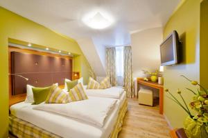 ein Hotelzimmer mit einem Bett und einem TV in der Unterkunft Altstadt-Hotel Zum Hechten in Füssen