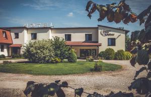 un edificio con un patio con vacas delante en Hotel Dwa Księżyce, en Toruń