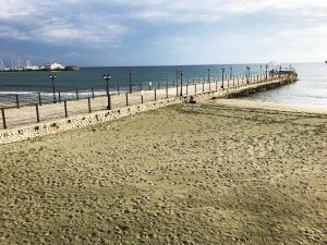 a sandy beach with a pier and the ocean at Olosuites in Limassol