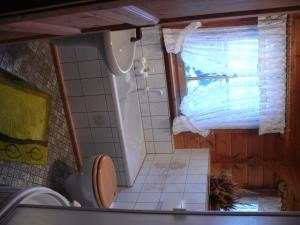 a small bathroom with a shower and a toilet at Ferienhaus Hohenlubast in Gräfenhainichen