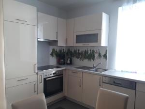 eine weiße Küche mit weißen Schränken und einem Waschbecken in der Unterkunft Ferienwohnung Brigitte in Bad Mitterndorf