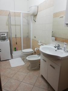 ein Bad mit einem WC, einem Waschbecken und einer Dusche in der Unterkunft LOCAZIONE TURISTICA " Su Passizzeri " in Suni