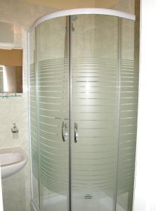 シャールヴァールにあるLábas-Ház Apartmanok 2のバスルーム(ガラスドア付きのシャワー付)