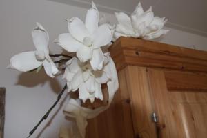 a vase filled with white flowers sitting on top of a cabinet at B&B Molenaar in Buren