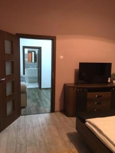 a bedroom with a bed and a flat screen tv at Apartment Queen in Sibiu