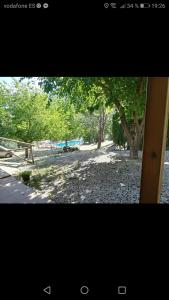 a view of a park with a tree and rocks at Cabañas rurales la vega in Burunchel