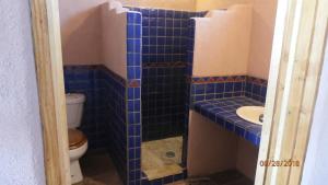 uma casa de banho em azulejos azuis com um WC e um lavatório em PUEBLO DEL SOuL at Paquime em Casas Grandes