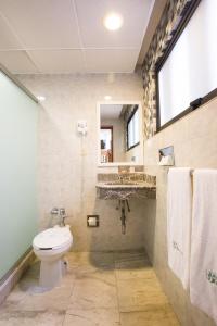 a bathroom with a toilet and a sink and a mirror at Hotel Diligencias in Mexico City
