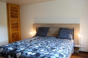 ラプートロワにあるgite Blanche Graineのベッドルーム1室(青と白の掛け布団付きのベッド1台付)