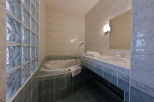 a bathroom with a tub and a sink and a mirror at Penzion Linhart in Poděbrady