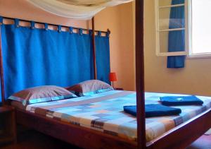 a bedroom with a bed with a blue curtain at Hotel Le Petit Paradis in Diego Suarez