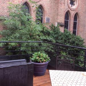アミアンにあるLes terrasses de l’orchestreの鉢植えの植物が2本あるバルコニーと建物