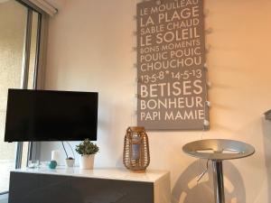 a living room with a tv on a wall at C208 Studio Cabine avec Terrasse proche Plage in Arcachon