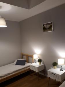 a bedroom with a bed with two night stands and two lamps at Arkadia Hostel in Mława