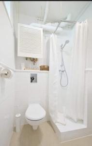 グダニスクにあるGrand-Tourist Apartments Green & Blueの白いバスルーム(トイレ、シャワー付)