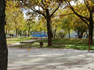 dos bancos en un parque con árboles y un parque infantil en Lion Apartment Zagreb en Zagreb