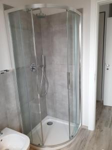 een douche met een glazen deur in een badkamer bij Camomilla B&B in Alba
