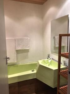baño con bañera verde y lavamanos en Berghof Appartement 11 en Ellmau