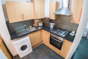 eine kleine Küche mit Spüle und Waschmaschine in der Unterkunft Ilford Central Luxury Apartments in Ilford