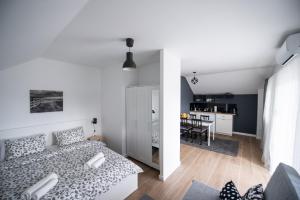 a small apartment with a bed and a kitchen at Paula&Matej Airport Zagreb in Selnica Šćitarjevska