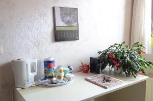 una mesa con cafetera y una foto de gato en la pared en B&B Vanderstraeten-Bryxis, en Grimbergen